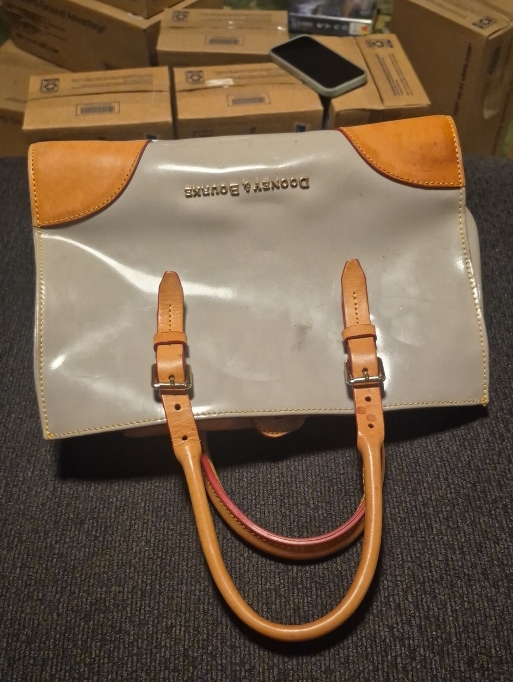 Dooney & Bourke Cream Satchel with Tan Trim and Handles